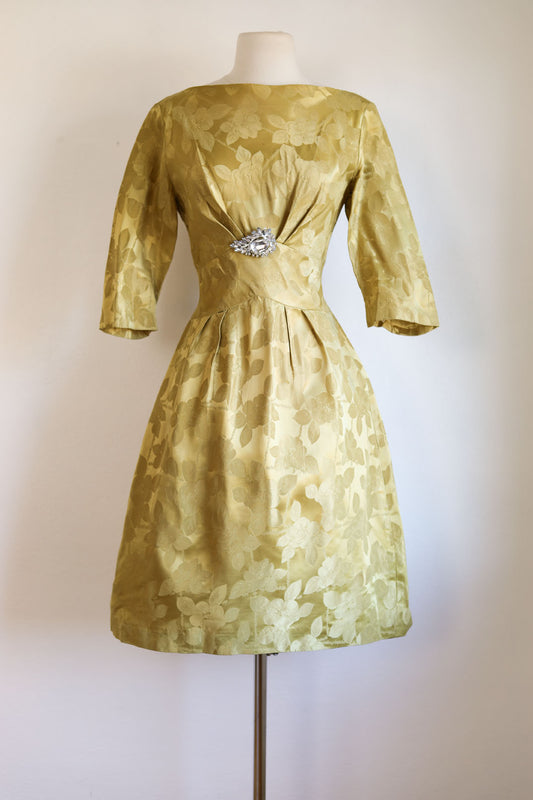 Vintage Early 1960s Dress - Glowing Roses! Gold Satin Brocade Emma Domb Designer Cocktail Party Dress Size M