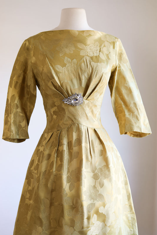Vintage Early 1960s Dress - Glowing Roses! Gold Satin Brocade Emma Domb Designer Cocktail Party Dress Size M