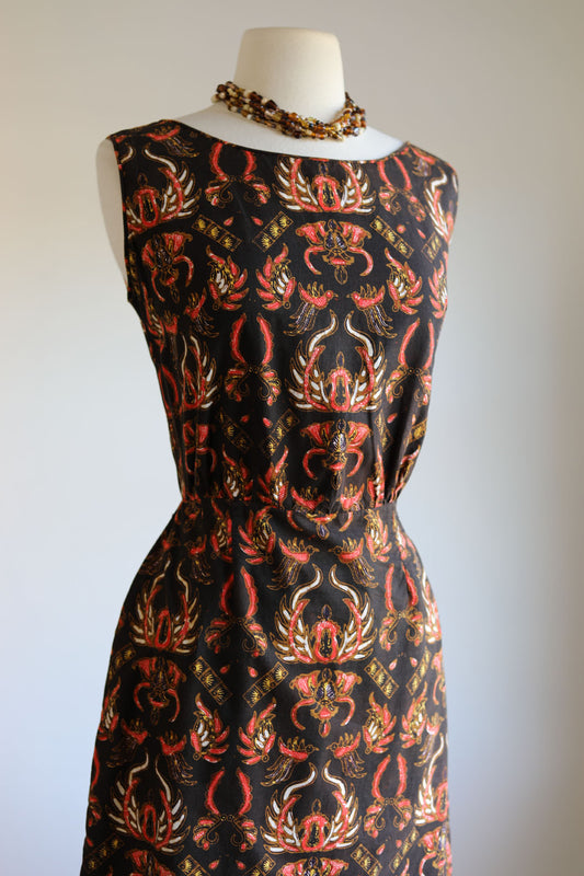 Vintage 1950s Dress - Phoenix Print Black Cotton w Volcano Orange + Gold Batik Style Sundress Size M