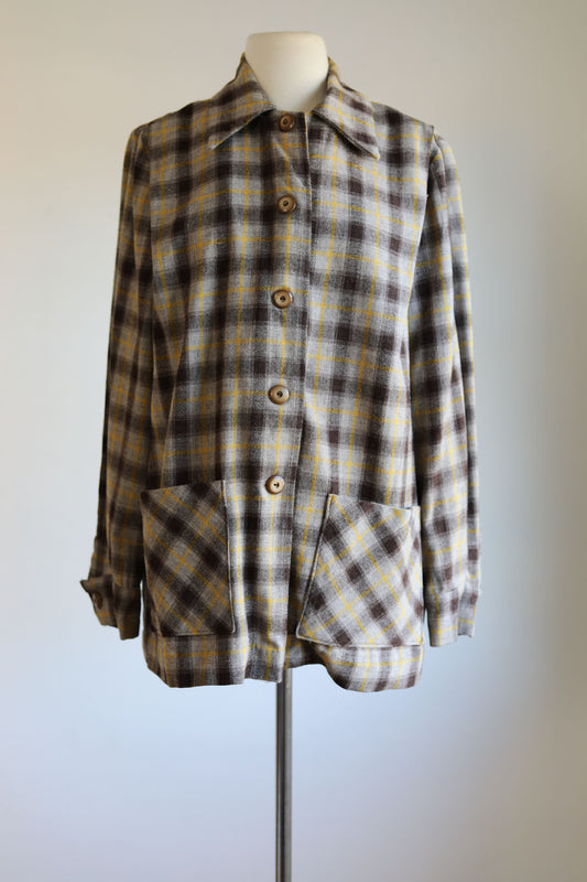 Vintage 1950s Plaid 49er Style Jacket - Cocoa, Espresso, Mustard Wool Chore Coat Size M to L