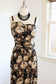 Vintage 1950s Dress - HIGH END Sculpted Black Cream Rose Print Silk Satin Brocade w Asymmetrical + Sarong Details Size XS to S