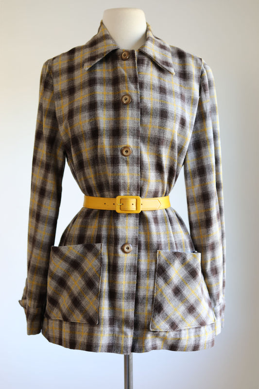 Vintage 1950s Plaid 49er Style Jacket - Cocoa, Espresso, Mustard Wool Chore Coat Size M to L