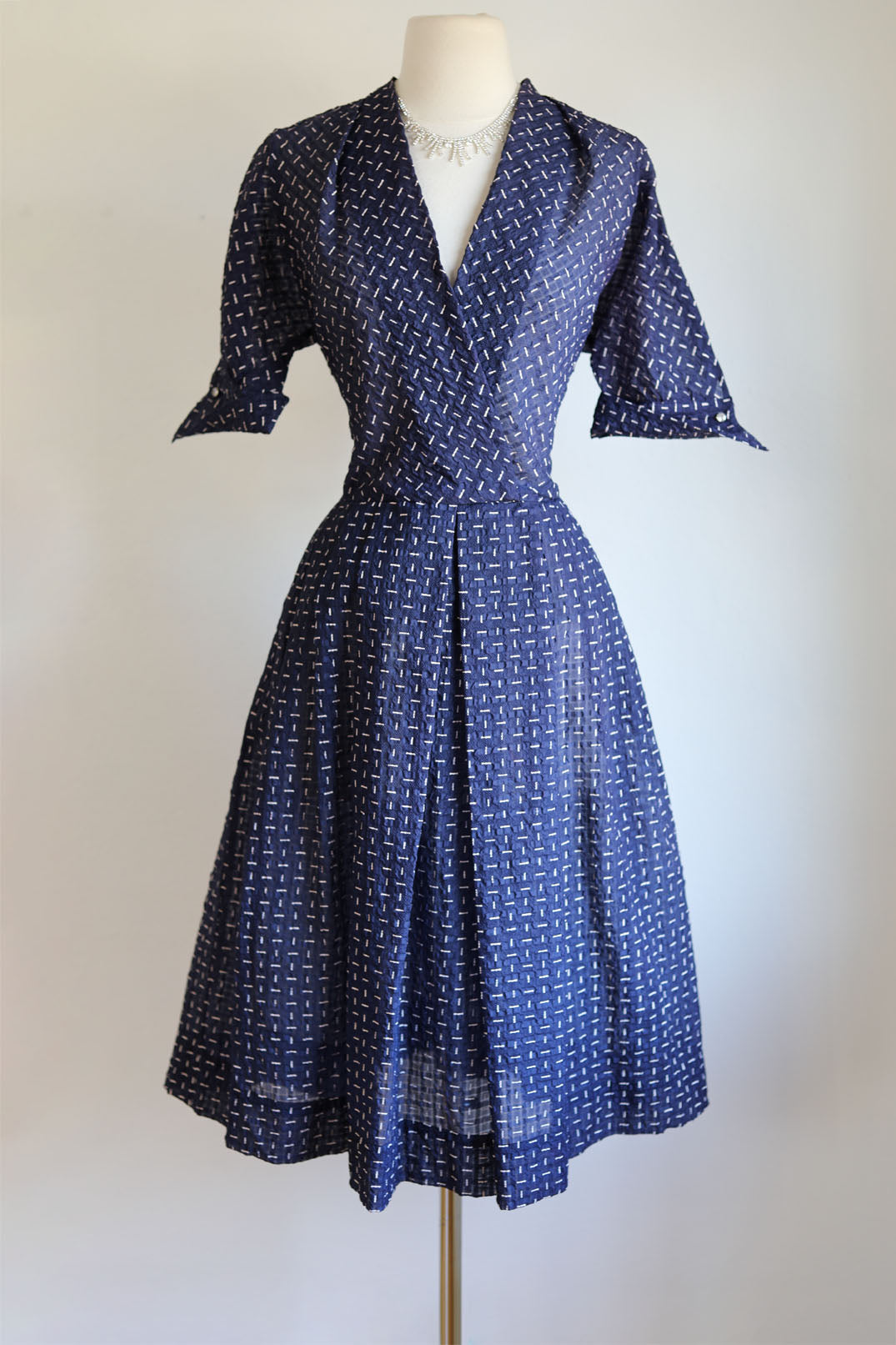 Vintage 1950s Dress - Sheer Midnight Blue Bias Seersucker w White "Bone" Print Size M to L