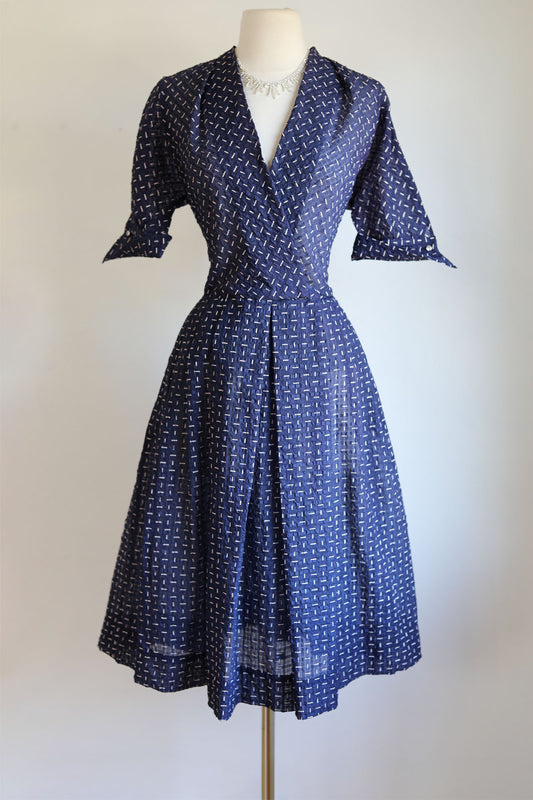 Vintage 1950s Dress - Sheer Midnight Blue Bias Seersucker w White "Bone" Print Size M to L