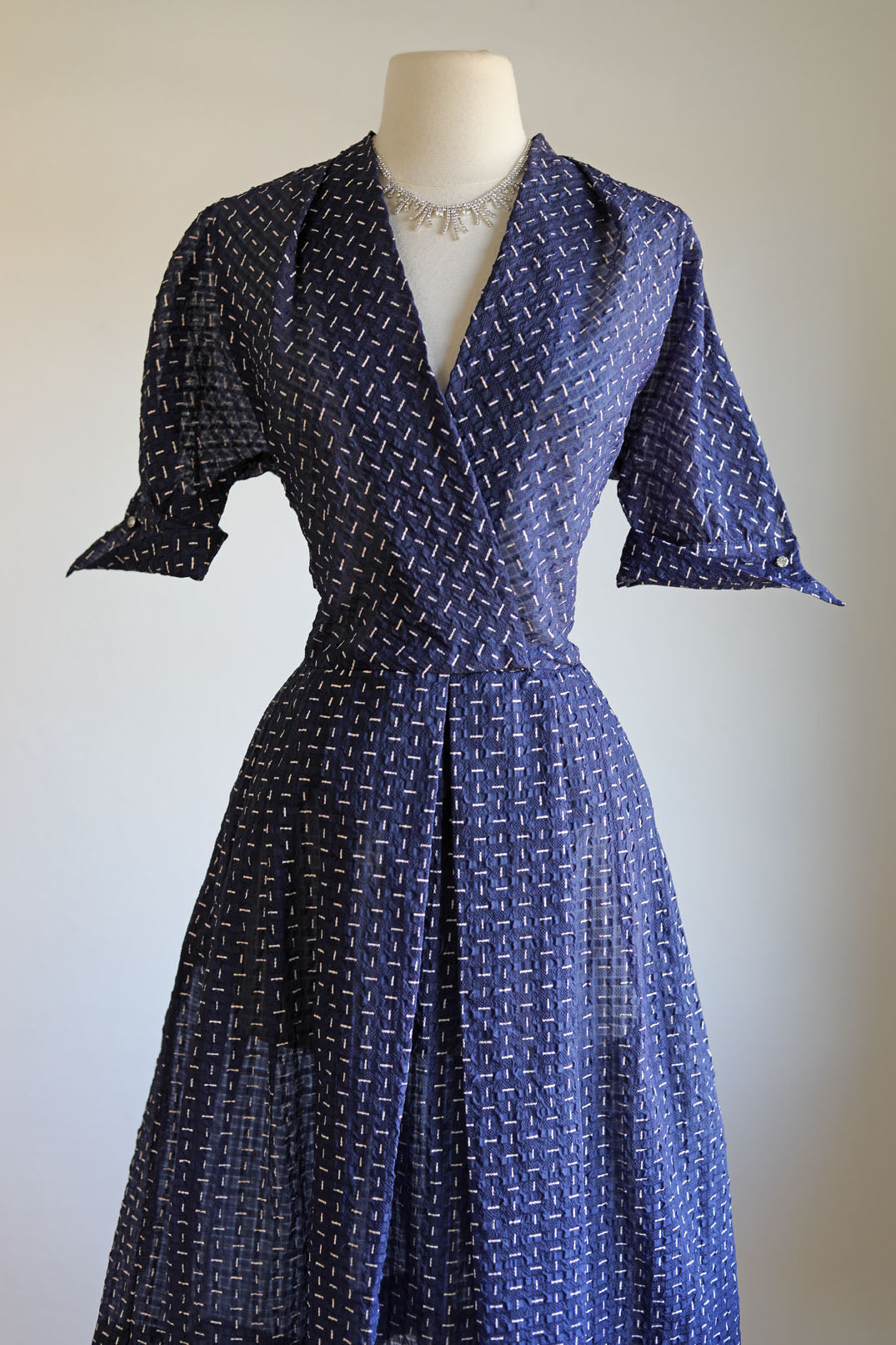 Vintage 1950s Dress - Sheer Midnight Blue Bias Seersucker w White "Bone" Print Size M to L