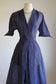 Vintage 1950s Dress - Sheer Midnight Blue Bias Seersucker w White "Bone" Print Size M to L