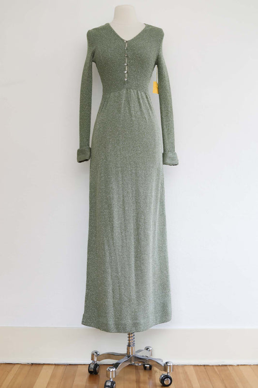 Vintage 1970s Knit Dress - BEAUTIFUL Deadstock w Tags Mermaid Green Silver Lurex Knitwear Gown Very Princess Tiana w Crystal Buttons Size XS to S