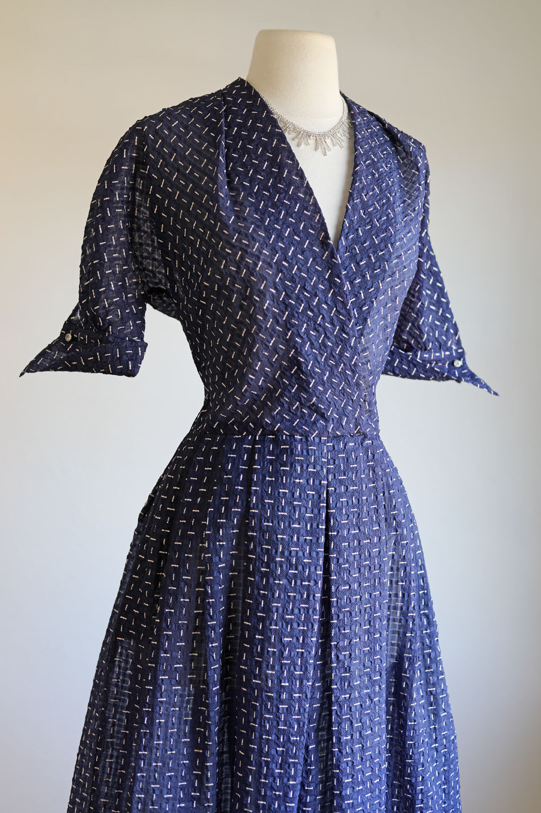 Vintage 1950s Dress - Sheer Midnight Blue Bias Seersucker w White "Bone" Print Size M to L