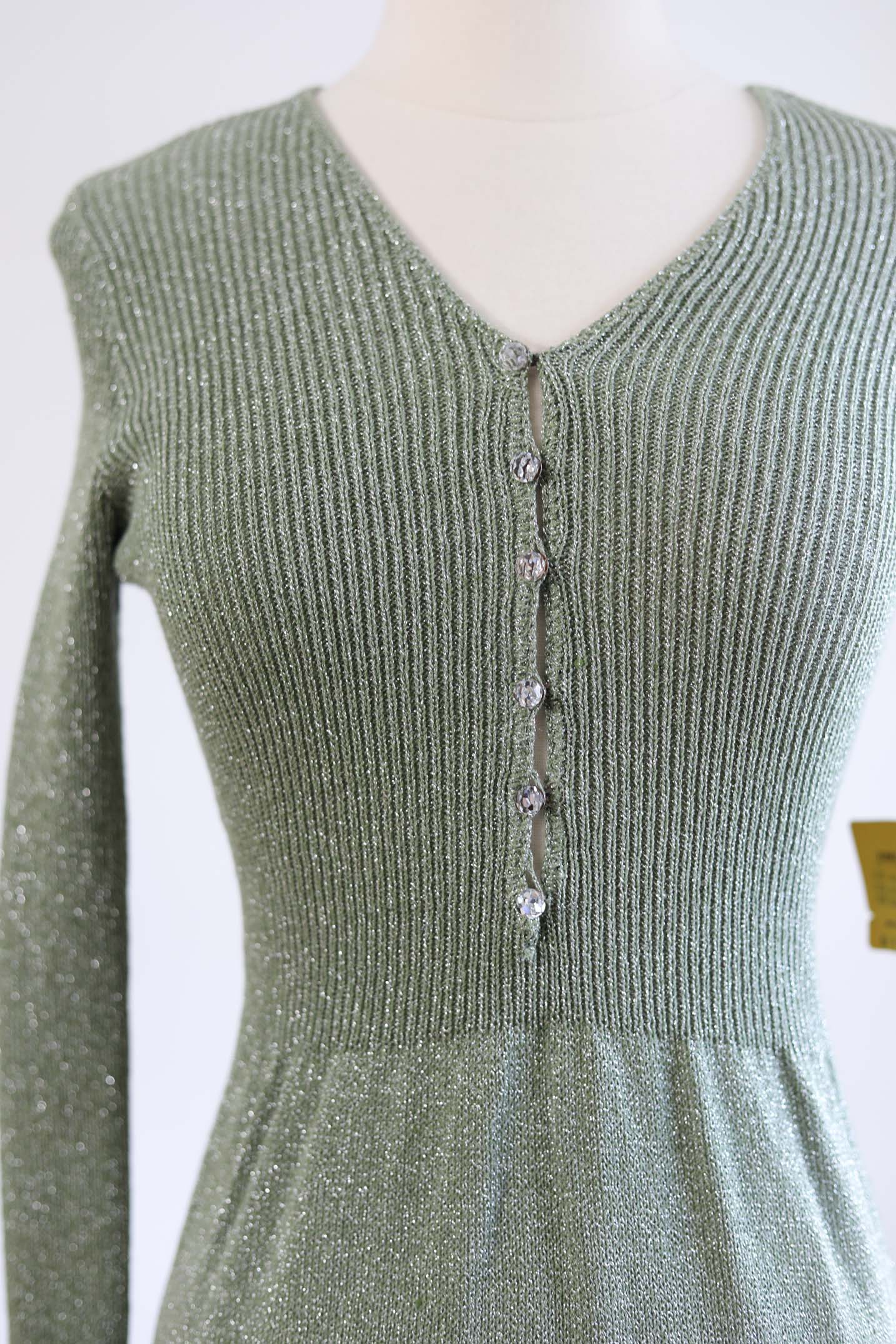 Vintage 1970s Knit Dress - BEAUTIFUL Deadstock w Tags Mermaid Green Silver Lurex Knitwear Gown Very Princess Tiana w Crystal Buttons Size XS to S