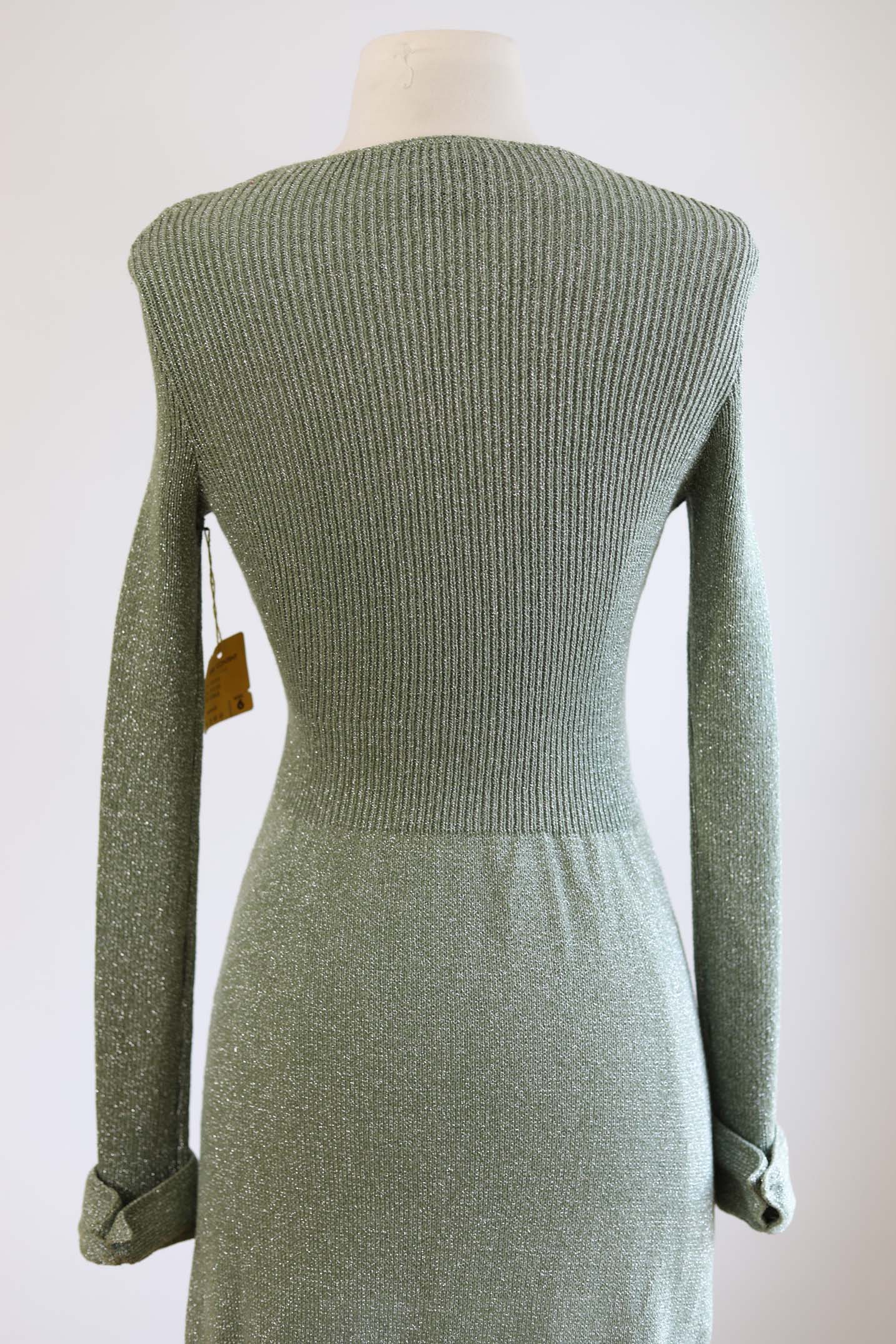 Vintage 1970s Knit Dress - BEAUTIFUL Deadstock w Tags Mermaid Green Silver Lurex Knitwear Gown Very Princess Tiana w Crystal Buttons Size XS to S