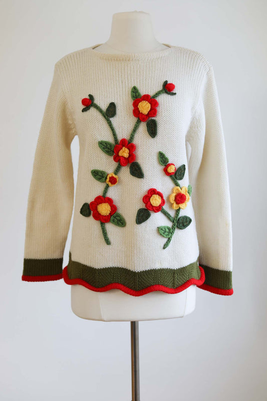 Vintage 1960s Floral Sweater - SUPER CUTE Cream Mod Wool w Colorful 3D Embroidery + Flowers Size M to L