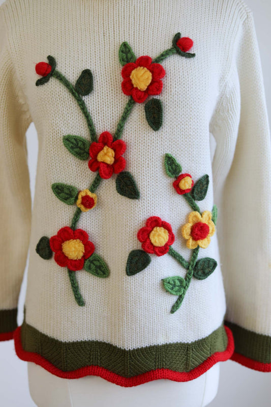 Vintage 1960s Floral Sweater - SUPER CUTE Cream Mod Wool w Colorful 3D Embroidery + Flowers Size M to L