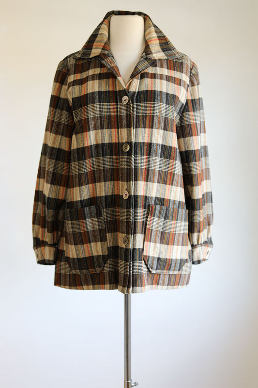 Vintage 1950s Plaid Chore Jacket - Tan, Cocoa, Cream, Orange, Green Wool Shirt-Jac Size M