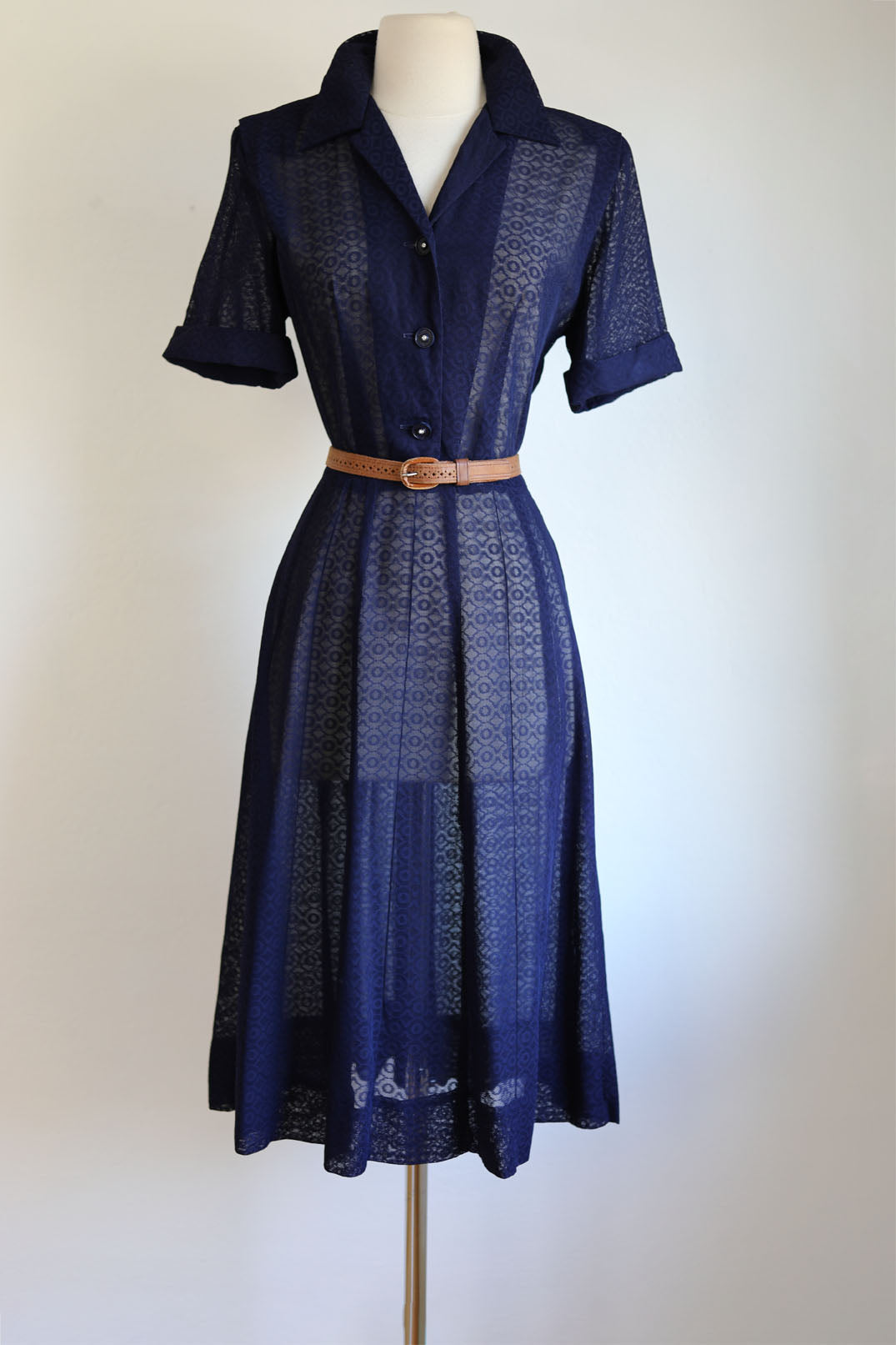 Vintage 1940s Dress - Simple Perfection! Dark Blue Sheer Sculpted Shirtwaist w Celluloid Rhinestone Size M
