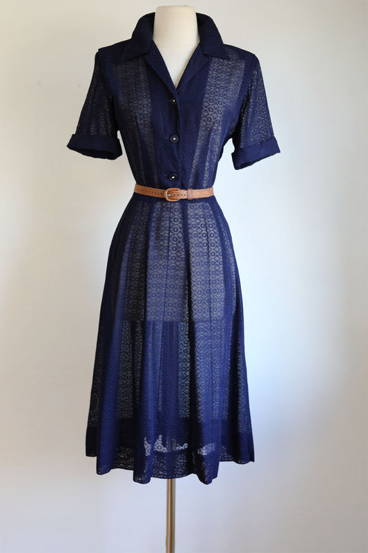 Vintage 1940s Dress - Simple Perfection! Dark Blue Sheer Sculpted Shirtwaist w Celluloid Rhinestone Size M