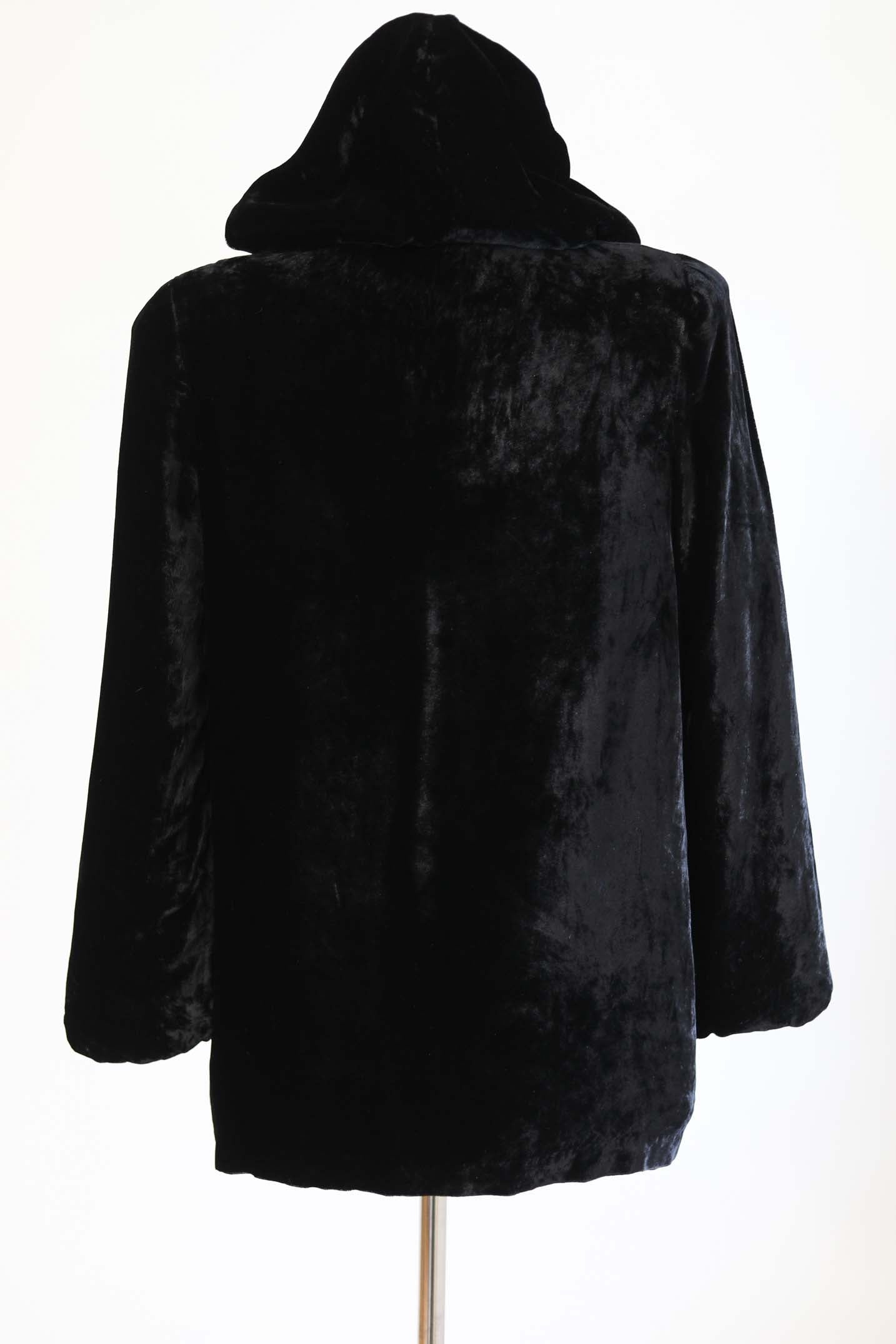 Vintage 1930s Hooded Opera Coat - STUNNING Black Velvet Quilted Cropped Jacket w Hood Size XS to M