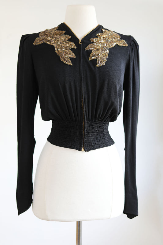 Vintage 1930s Sequin ANGEL WING Jacket - SPECTACULAR Designer Marjone Black Rayon Crepe w GOLD Front Metal Zipper Blouse Size S to M