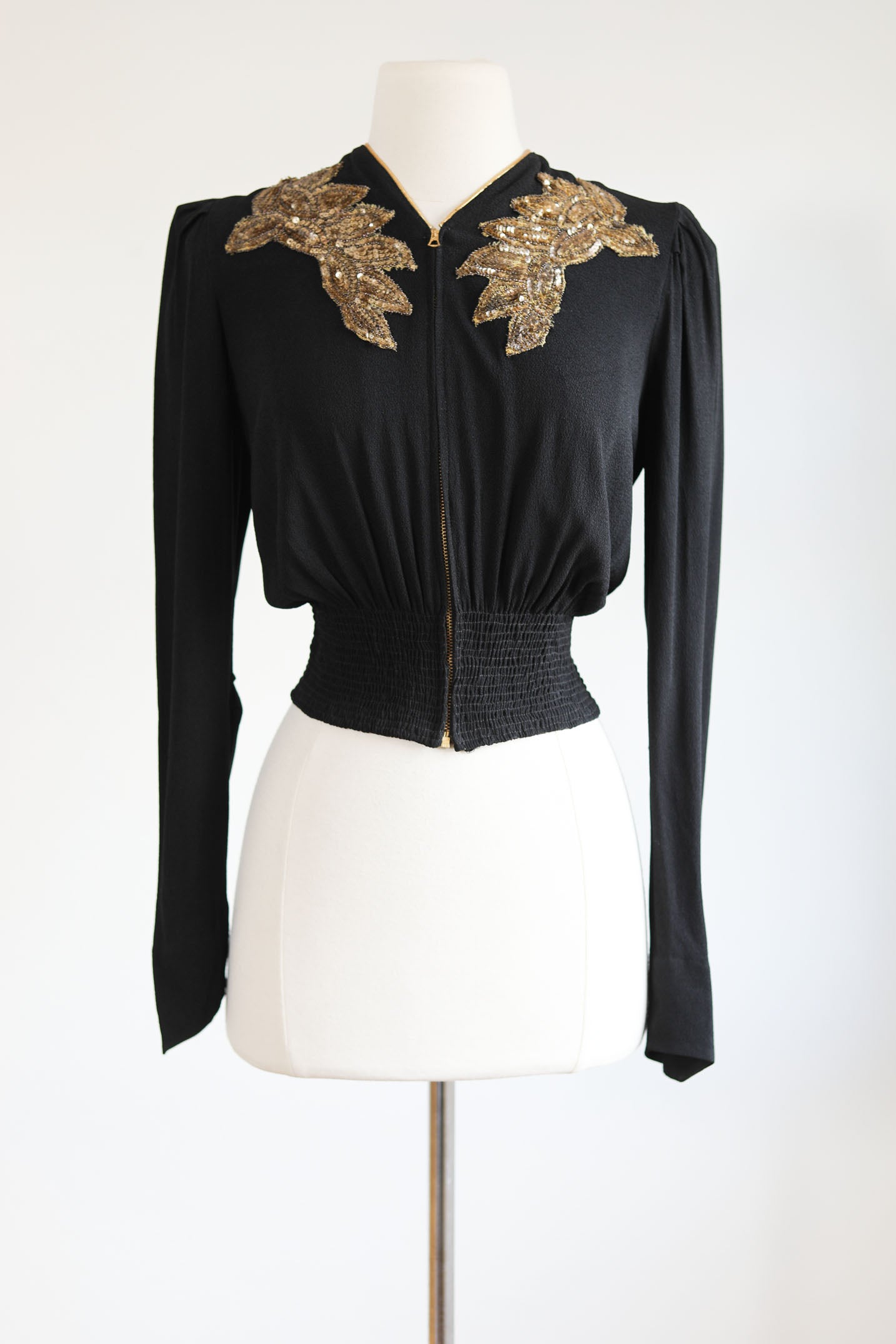 Vintage 1930s Sequin ANGEL WING Jacket - SPECTACULAR Designer Marjone Black Rayon Crepe w GOLD Front Metal Zipper Blouse Size S to M