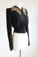 Vintage 1930s Sequin ANGEL WING Jacket - SPECTACULAR Designer Marjone Black Rayon Crepe w GOLD Front Metal Zipper Blouse Size S to M