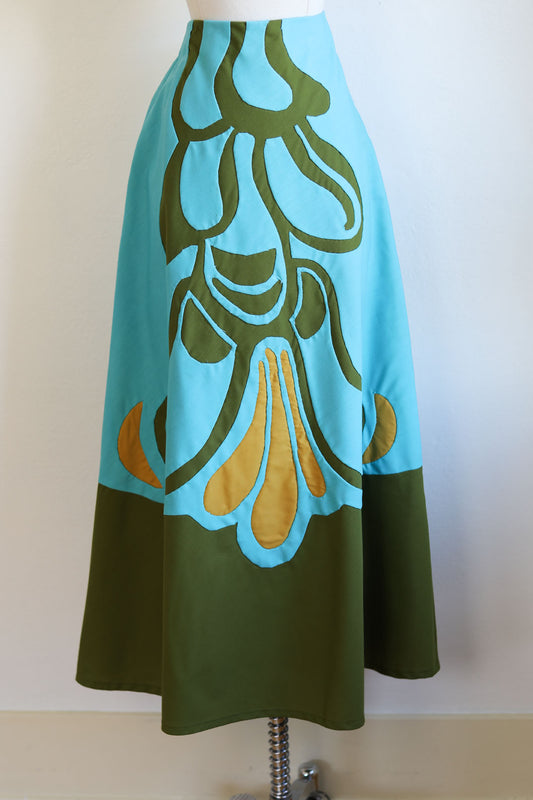 Vintage 1960s Artisan Skirt - Striking Colorblock Art Nouveau Flower Aqua + Olive Cotton Maxi Size M