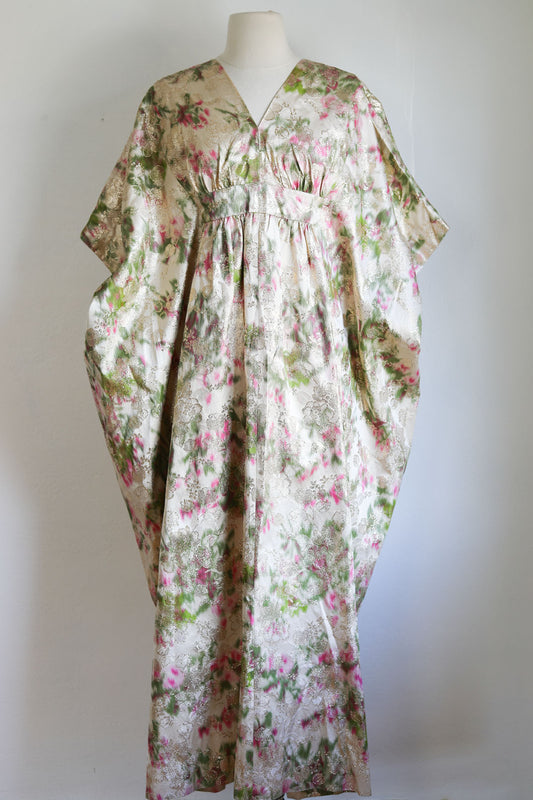Vintage 1960s Luxury Kaftan Gown - Glorious Gold Lamé Silk Satin Brocade Pink Rose Print Dress Fits S to XL