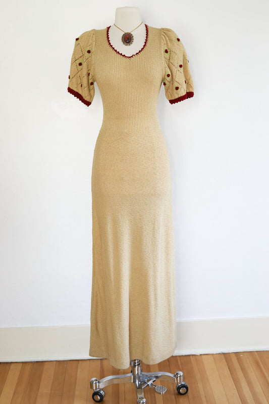 Vintage 1970s Does 1930s Knitwear Maxi Dress - EXCEPTIONALLY SWEET Designer Knit Dress w Wine + Lime Floral Embroidery Accents Tagged Size M (Fits Range)