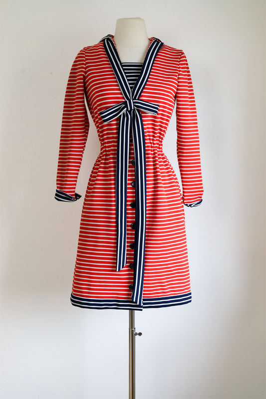 Vintage Early 1970s Dress - Red Navy Striped Jersey Sailor Dress w Collar, The Cutest! Size S to M