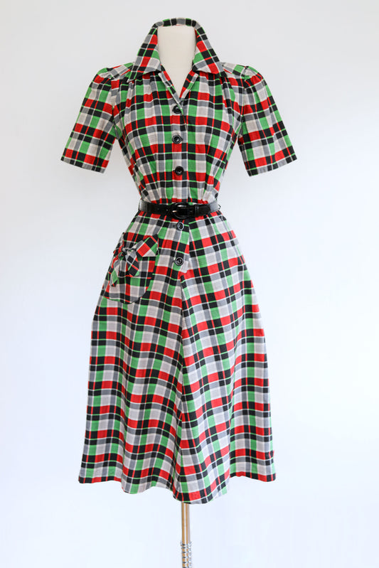 Vintage 1940s Plaid Dress - ADORABLE Black Grey Cherry Lime Cotton Designer Shirtwaist Size M