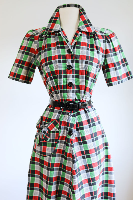 Vintage 1940s Plaid Dress - ADORABLE Black Grey Cherry Lime Cotton Designer Shirtwaist Size M