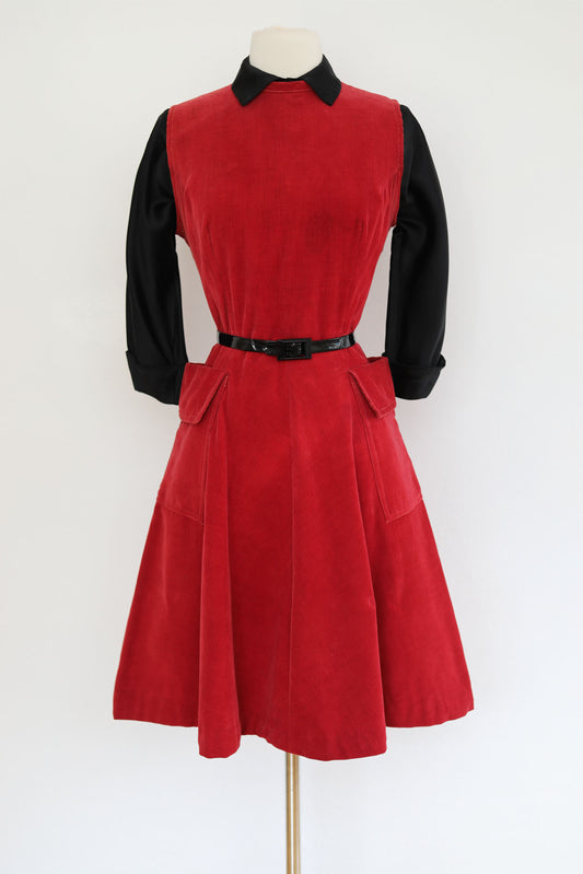 Vintage 1940s Jumper Dress - SUPER USEFUL Deep Red Cotton Corduroy w Gored Skirt Size M to L