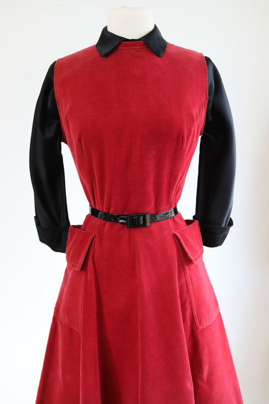 Vintage 1940s Jumper Dress - SUPER USEFUL Deep Red Cotton Corduroy w Gored Skirt Size M to L