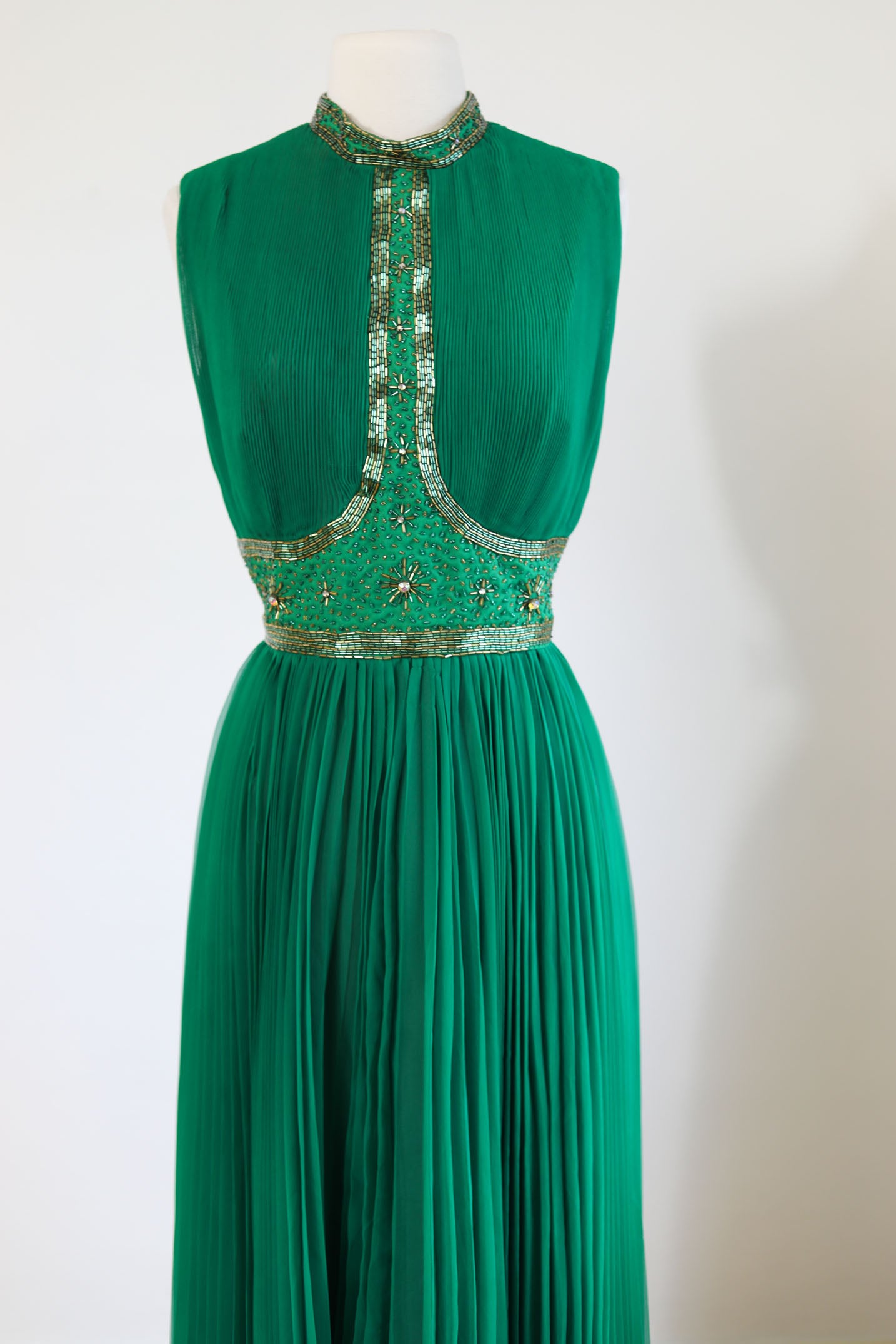 Vintage 1960s Gala Goddess Dress - SPECTACULAR Designer Jack Bryan Emerald Chiffon w Rhinestones + Beading Maxi Gown Size M to L