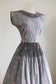 Vintage 1950s Dress - Stunning Silvery + Pink Cross Stitch Rose Print Full Skirt Dress Size M