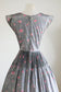 Vintage 1950s Dress - Stunning Silvery + Pink Cross Stitch Rose Print Full Skirt Dress Size M