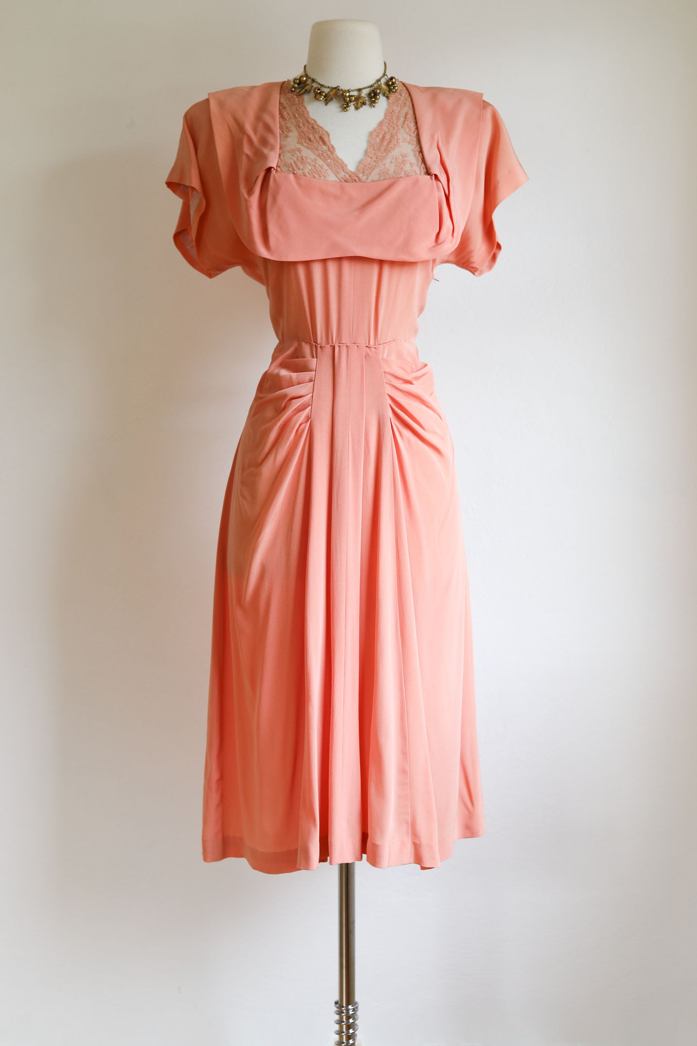 Vintage 1940s Rayon + Lace Dress - SEXY-SWEET Draped + Lingerie Details Peach Pink Cocktail Dress Size M