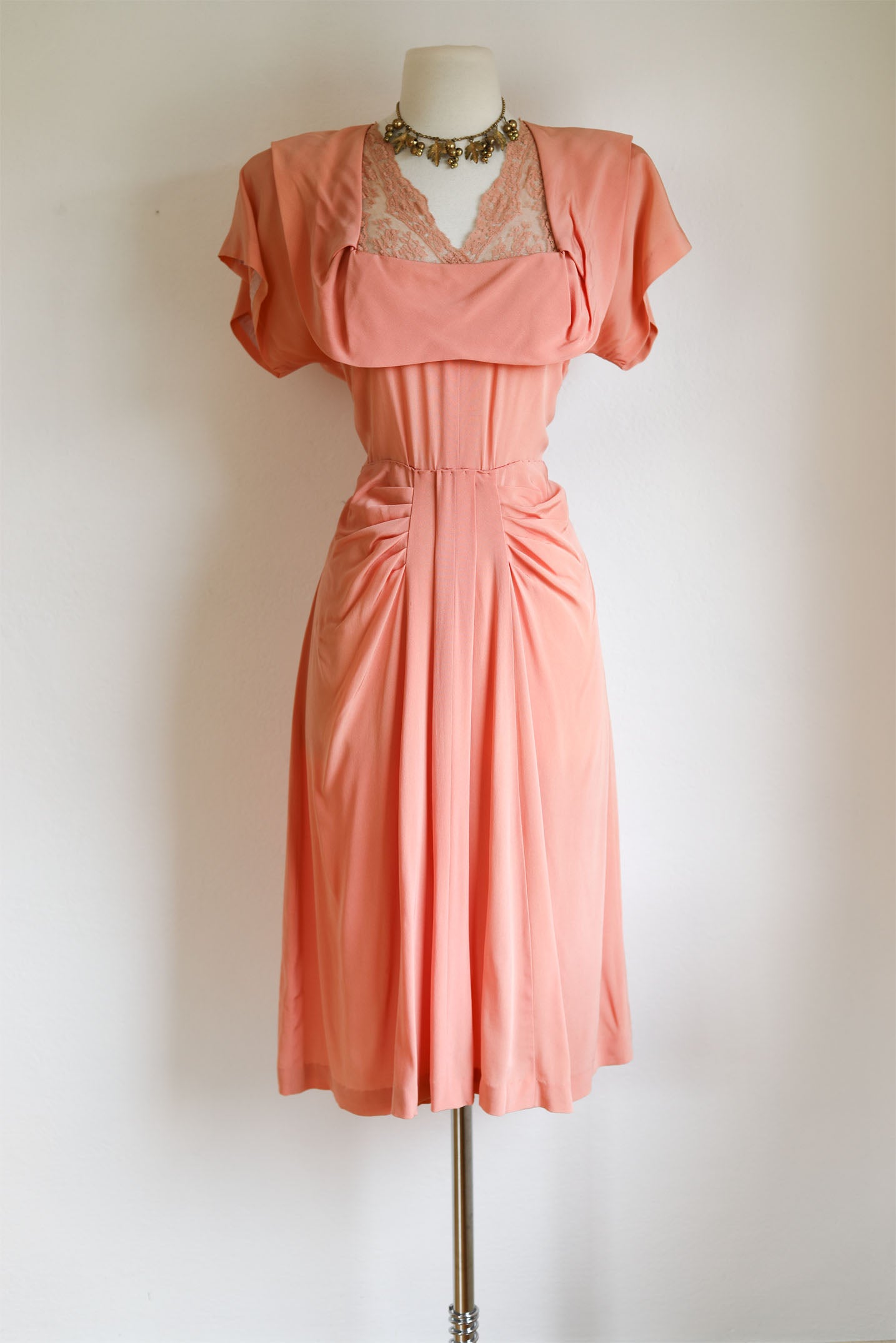 Vintage 1940s Rayon + Lace Dress - SEXY-SWEET Draped + Lingerie Details Peach Pink Cocktail Dress Size M