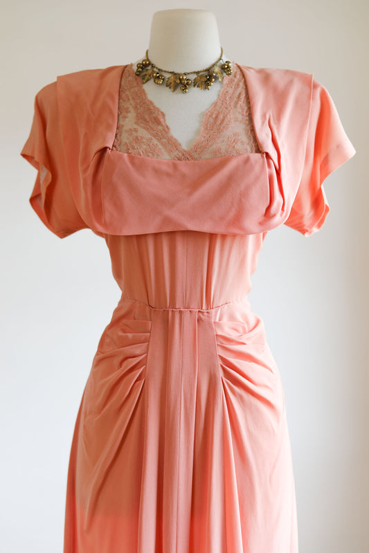 Vintage 1940s Rayon + Lace Dress - SEXY-SWEET Draped + Lingerie Details Peach Pink Cocktail Dress Size M