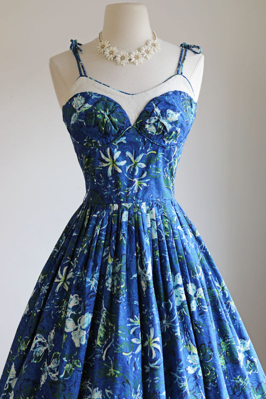 Vintage 1950s Hawaiian Dress - Divine Sculpted Blue Green Floral Pure Cotton Sundress Size S