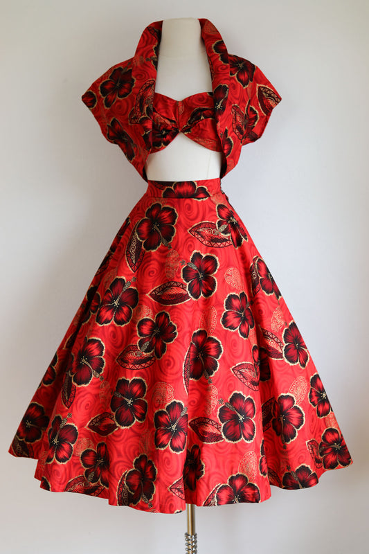 Vintage 1950s Pattern + Fabric Hawaiian Dress Set - Scarlet + Gold Designer Sculpted Bra Top, Bolero Jacket, Circle Skirt Size S