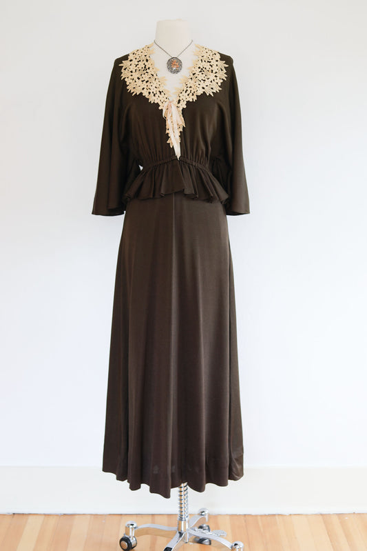 Vintage 1970s Maxi Dress - STUNNING Joy Stevens Designer Gown w Angel Sleeves + Lace Fits Size S to L