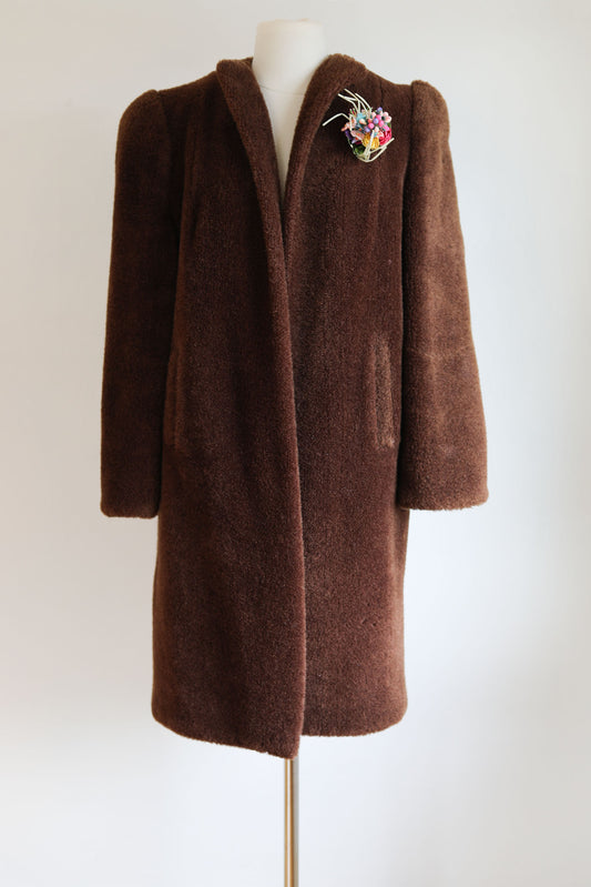 Vintage 1940s Teddy Bear Coat - COZY Russet Brown Wool Faux Fur Plush Big Shoulder Car Coat Fits S to L