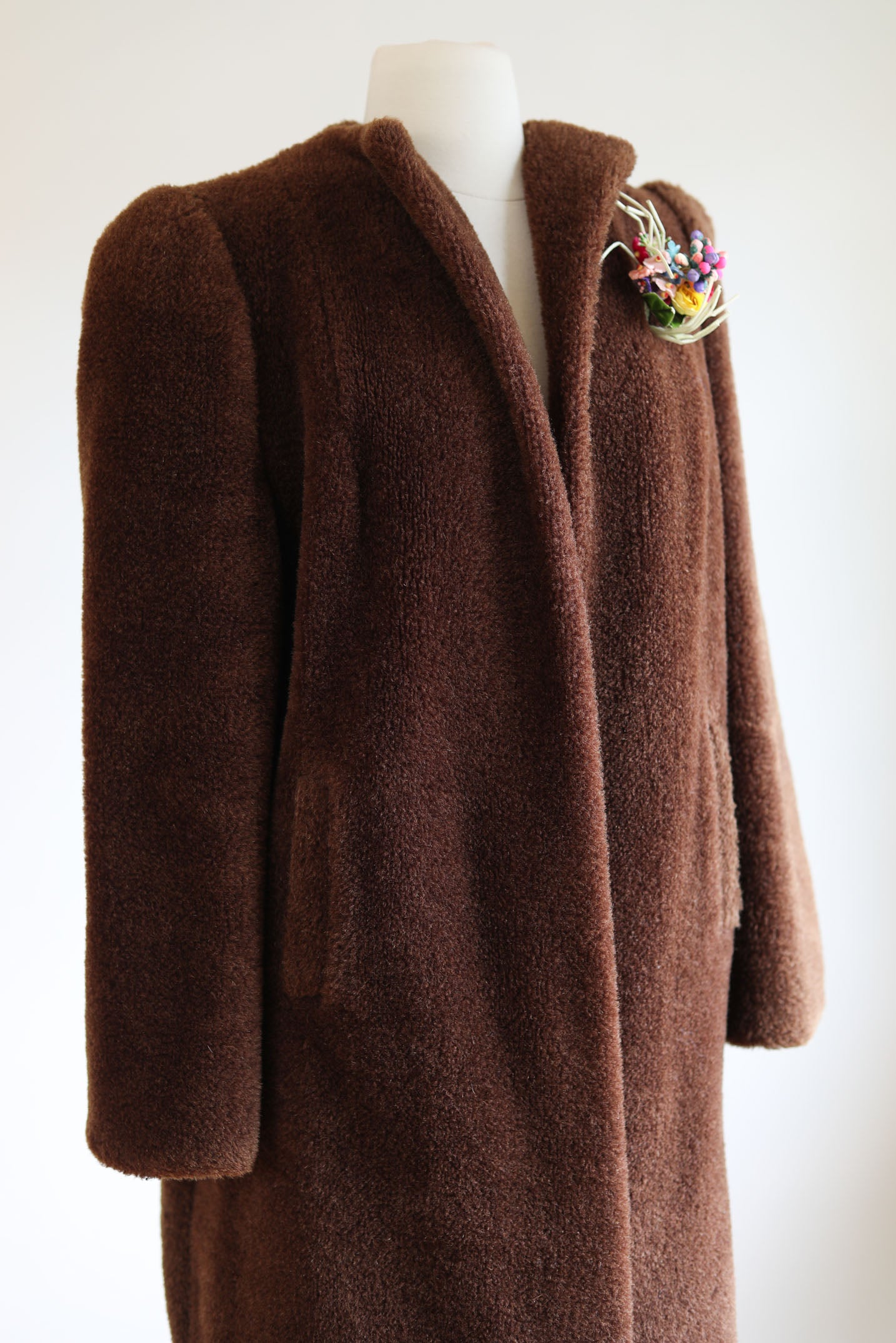 Vintage 1940s Teddy Bear Coat - COZY Russet Brown Wool Faux Fur Plush Big Shoulder Car Coat Fits S to L