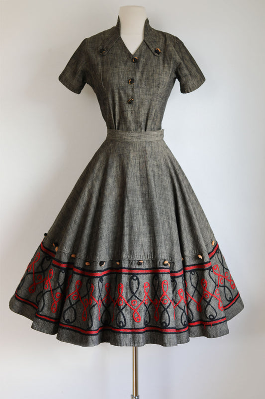 Vintage 1950s Mexican Dress Set - Designer Charcoal Cotton + Scarlet + Leopard Print Top + Skirt Size S