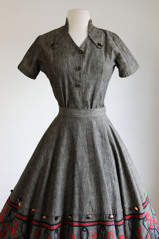 Vintage 1950s Mexican Dress Set - Designer Charcoal Cotton + Scarlet + Leopard Print Top + Skirt Size S