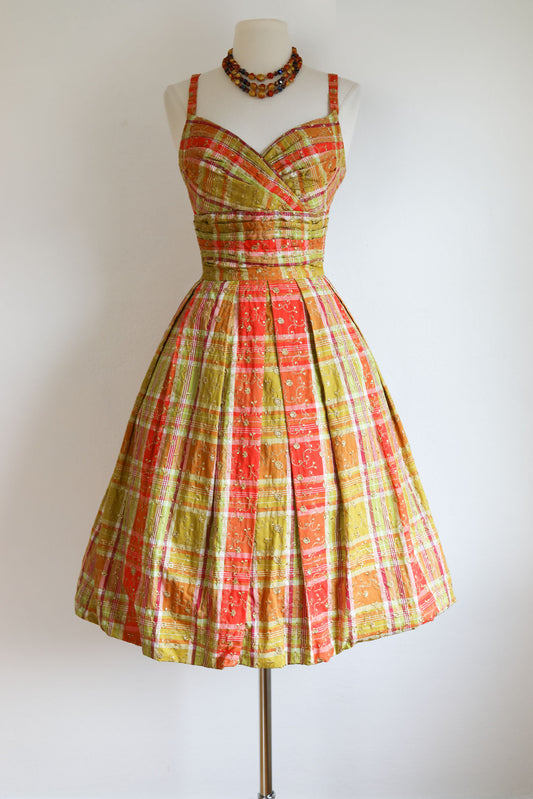 Vintage 1950s Greta Plattry Designer Dress - SPARKLING Citrus Madra Plaid Sundress w Sculpted Bust + Metallic Embroidery Size XS to Small