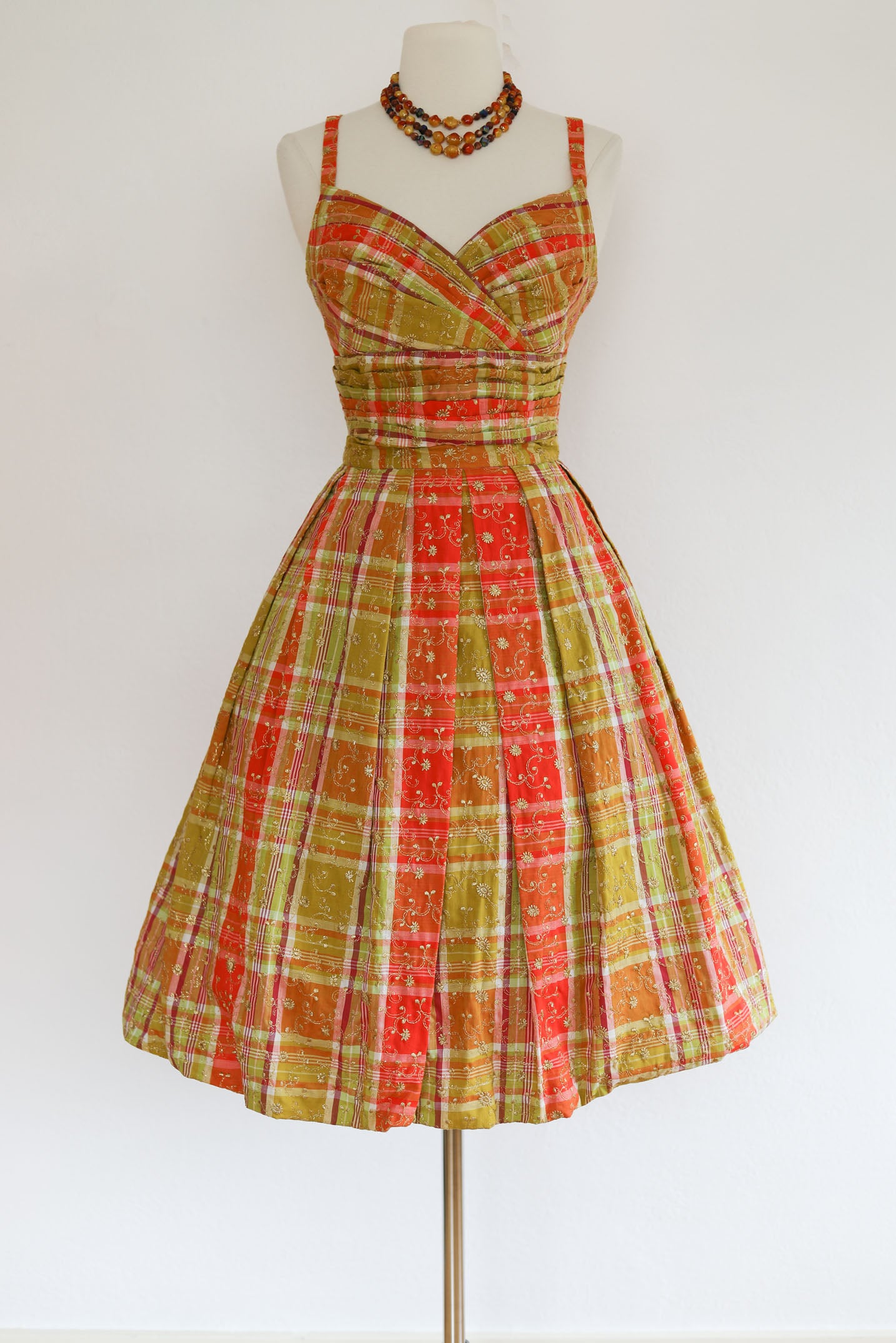 Vintage 1950s Greta Plattry Designer Dress - SPARKLING Citrus Madra Plaid Sundress w Sculpted Bust + Metallic Embroidery Size XS to Small