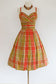 Vintage 1950s Greta Plattry Designer Dress - SPARKLING Citrus Madra Plaid Sundress w Sculpted Bust + Metallic Embroidery Size XS to Small