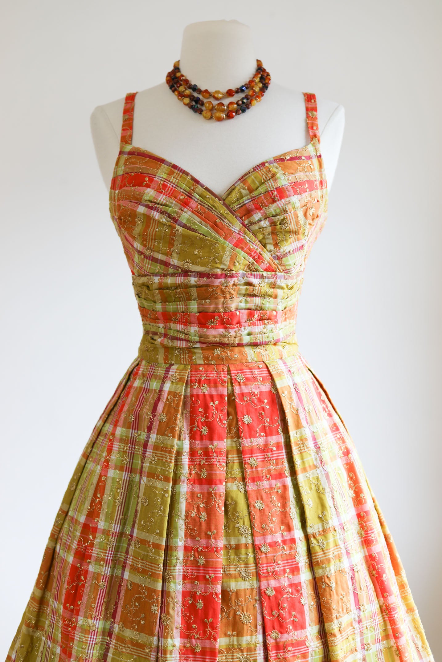 Vintage 1950s Greta Plattry Designer Dress - SPARKLING Citrus Madra Plaid Sundress w Sculpted Bust + Metallic Embroidery Size XS to Small