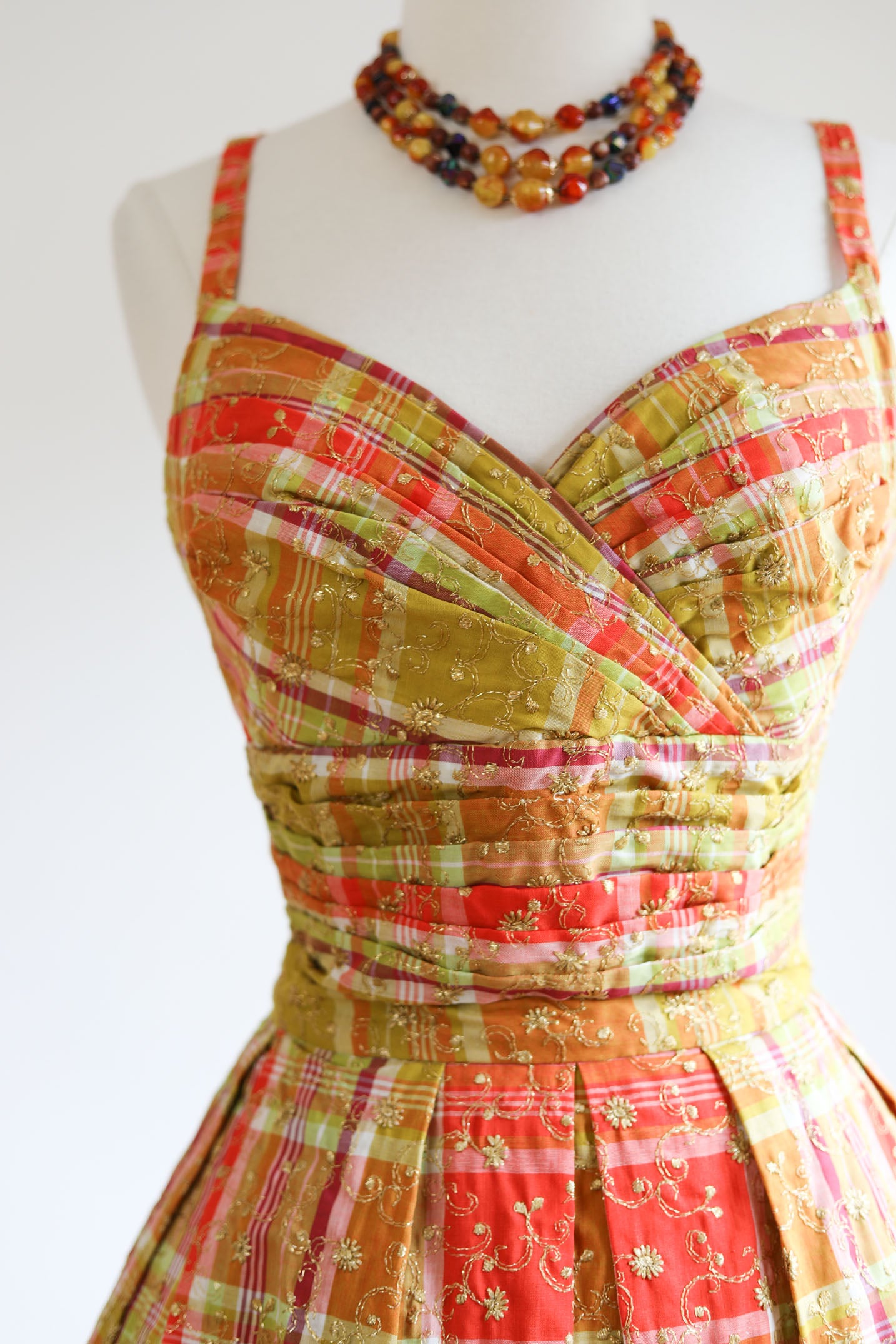 Vintage 1950s Greta Plattry Designer Dress - SPARKLING Citrus Madra Plaid Sundress w Sculpted Bust + Metallic Embroidery Size XS to Small