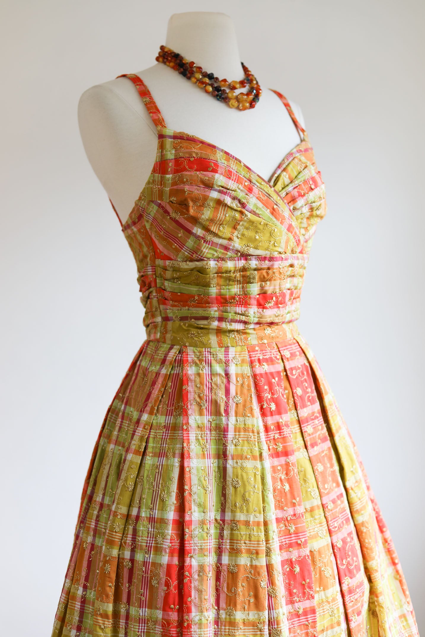 Vintage 1950s Greta Plattry Designer Dress - SPARKLING Citrus Madra Plaid Sundress w Sculpted Bust + Metallic Embroidery Size XS to Small